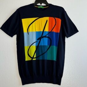 United Colors of Benetton Geometric Print Sweater L Cotton Knit 90s Primary Logo